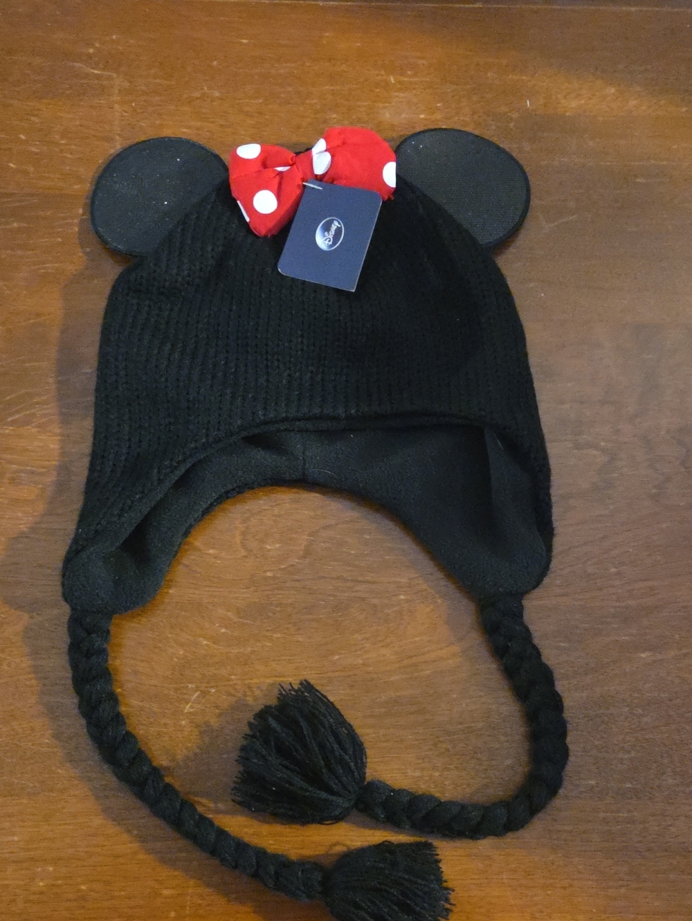 Kids Black Minnie-Style Knit Hat with Red Polka Dot Bow